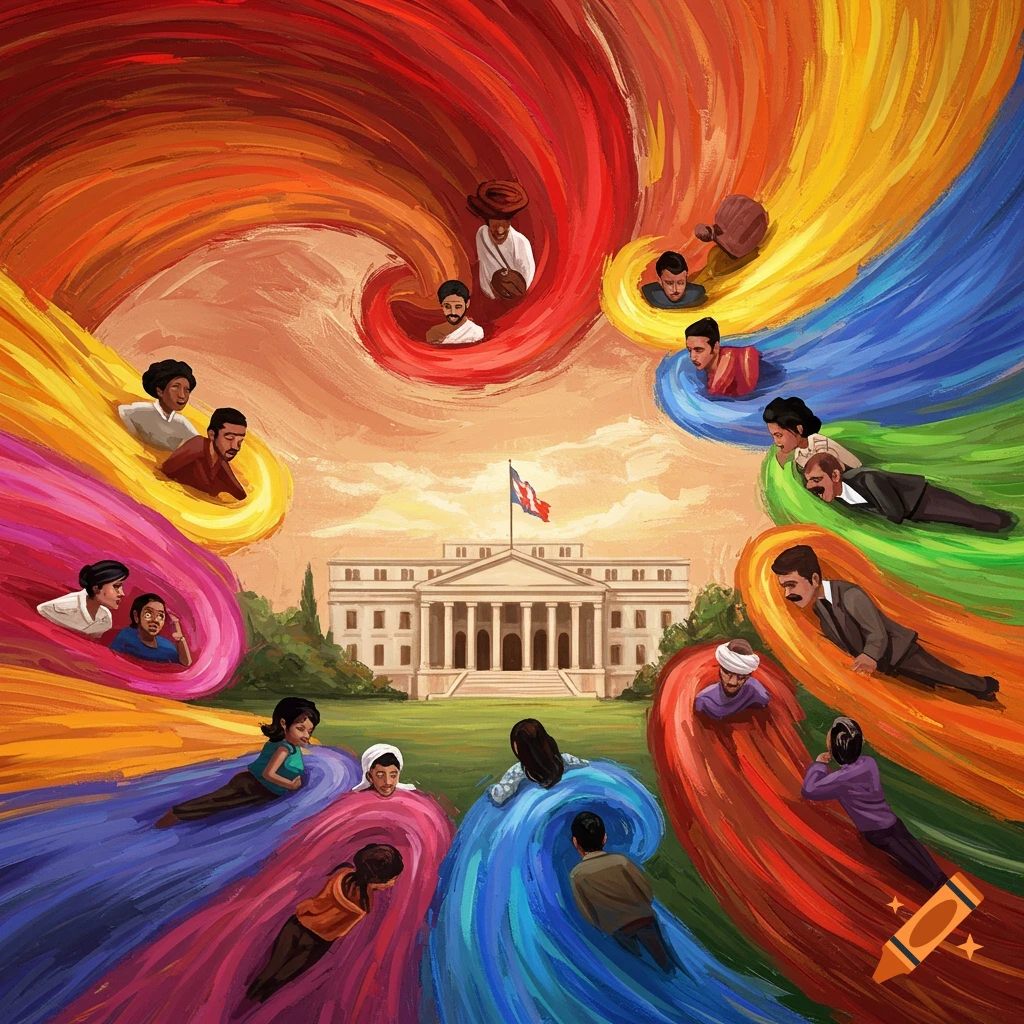 Diverse people in colorful streams flowing towards a classical government building