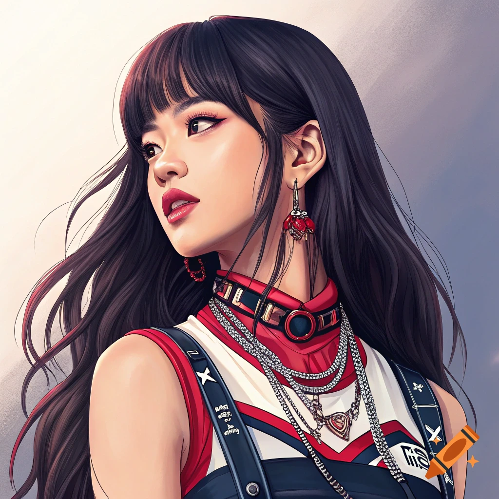 Stylized portrait of a young woman with long dark hair and elaborate jewelry wearing a red, white, and black outfit.