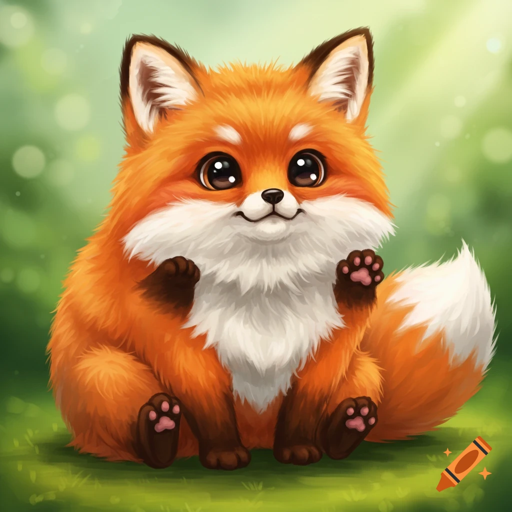 A cute fluffy cartoon fox sits on green grass.