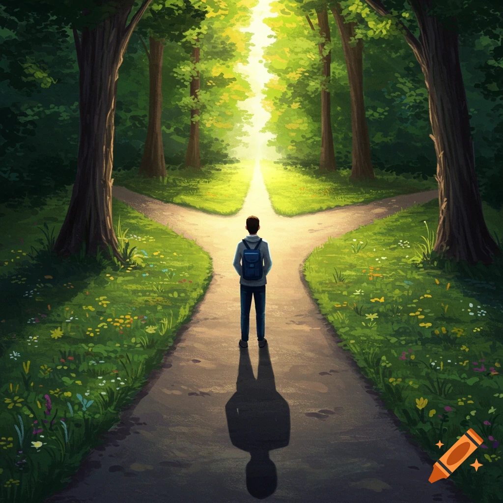 A person with a backpack stands at a fork in a forest path, sunlight streaming down the brighter right path.