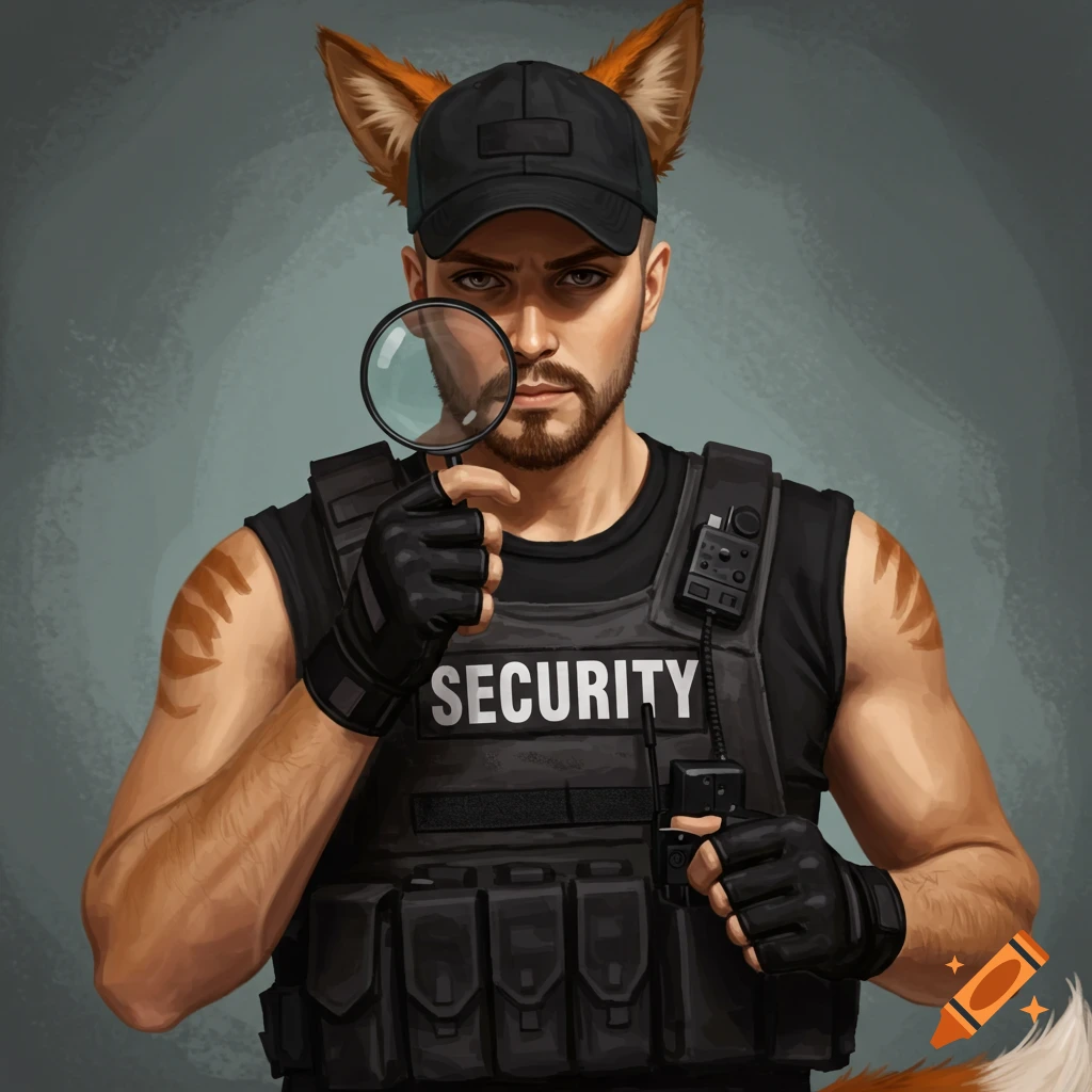 A man with fox ears and tail wearing a security vest, holding a magnifying glass.