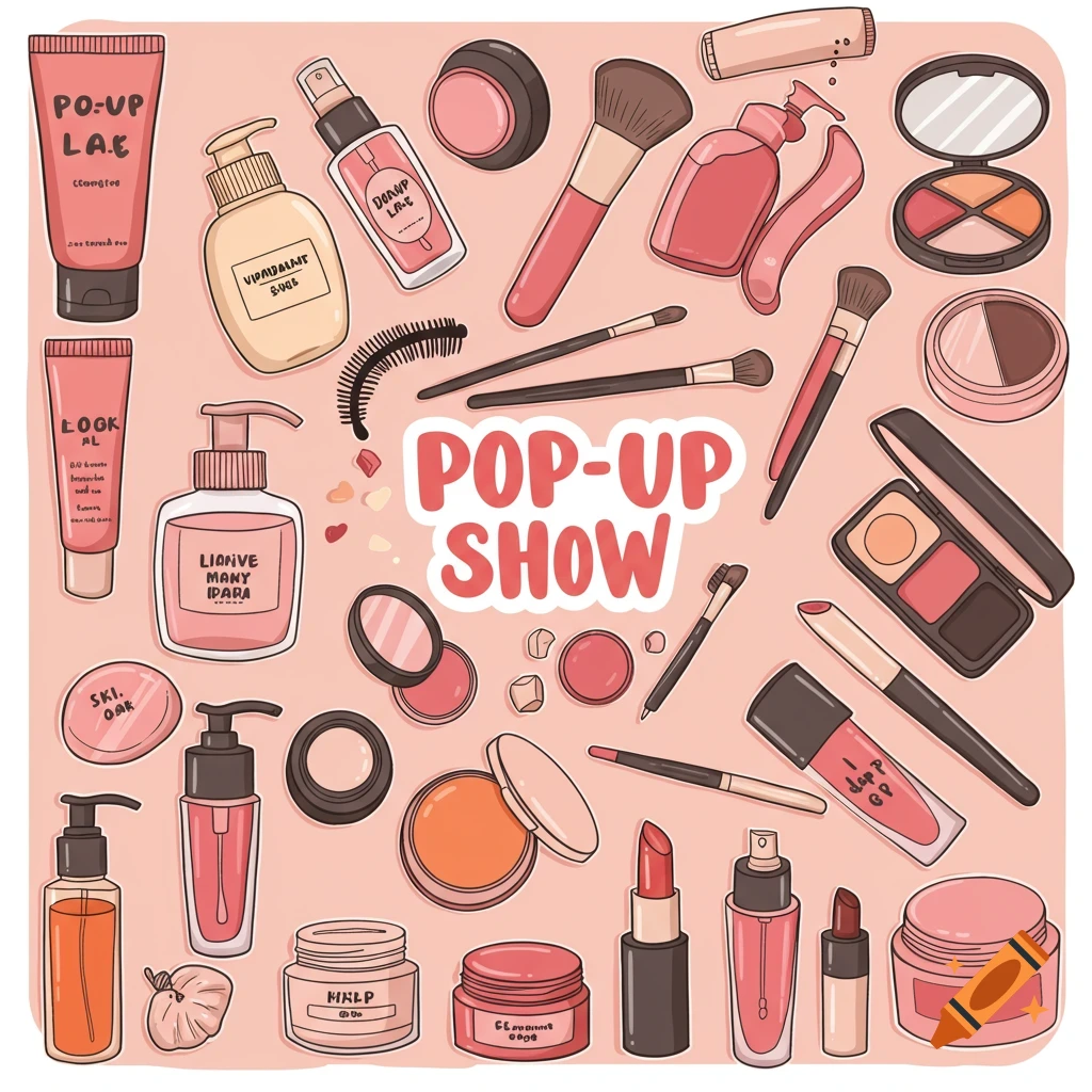 Cartoon style illustration of various makeup and skincare products scattered around, with the text 'POP-UP SHOW' in the center.