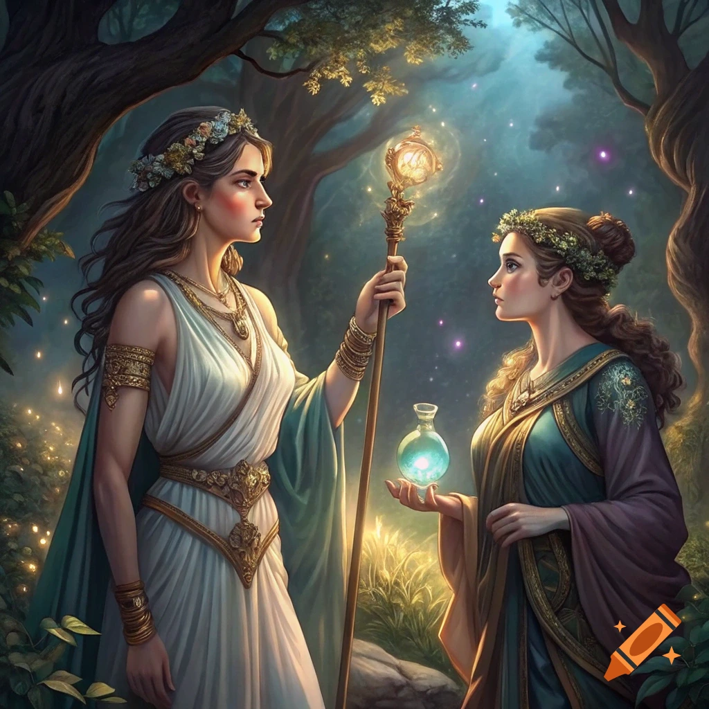 Two women in ancient Greek clothing in a magical forest, one with a glowing staff, one with a glowing flask.