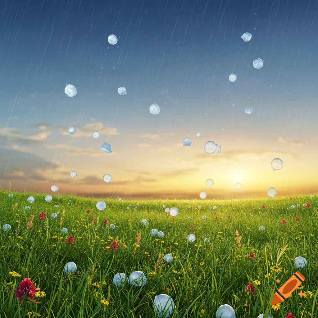A grassy field with flowers under rain falling during sunset.