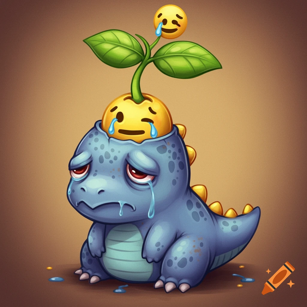 A sad cartoon dinosaur with a crying emoji growing from its head.