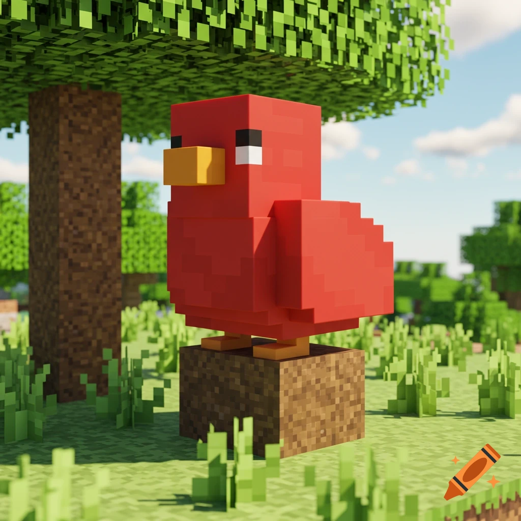 A blocky red bird sits on a block stump in a Minecraft-style world.