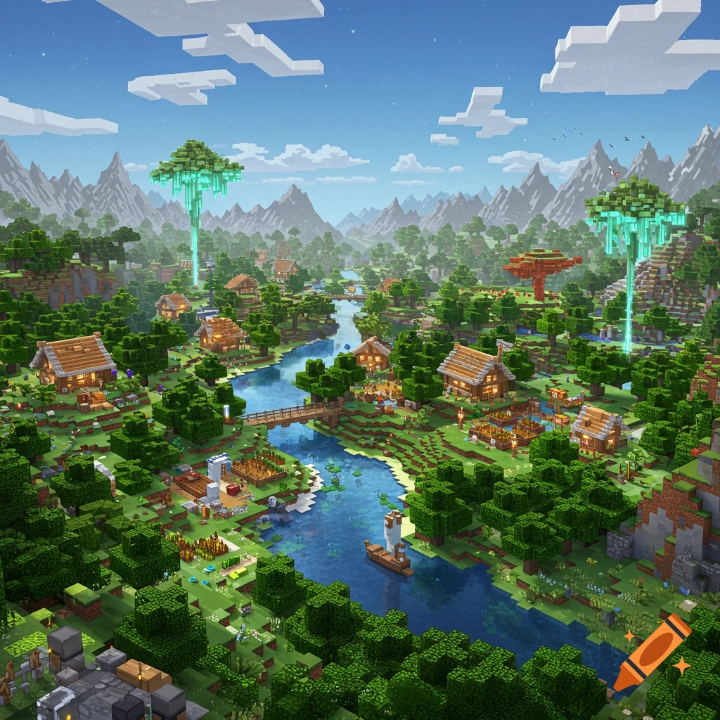 A vibrant, blocky landscape in Minecraft style, depicting a utopian village by a river with glowing trees and mountains.