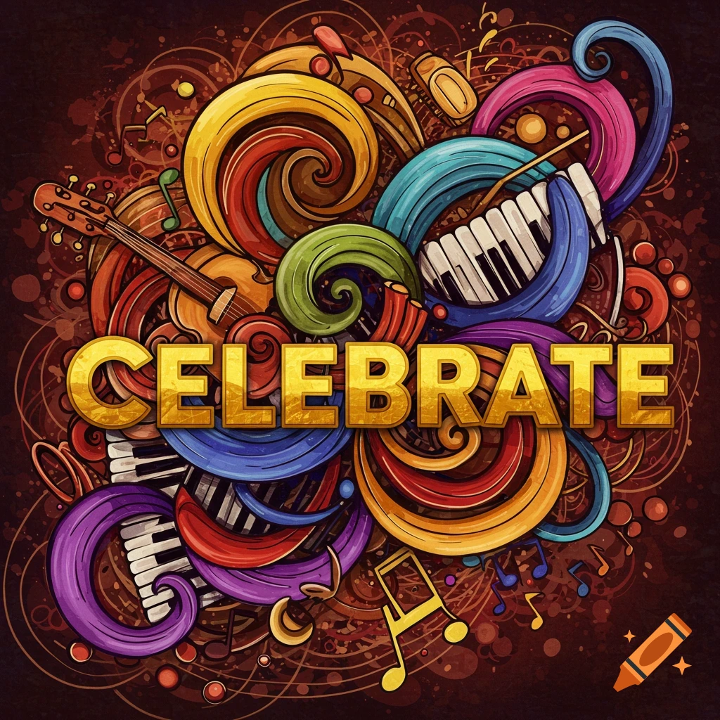 Digital illustration of musical instruments and swirling colors surrounding the gold word "CELEBRATE".