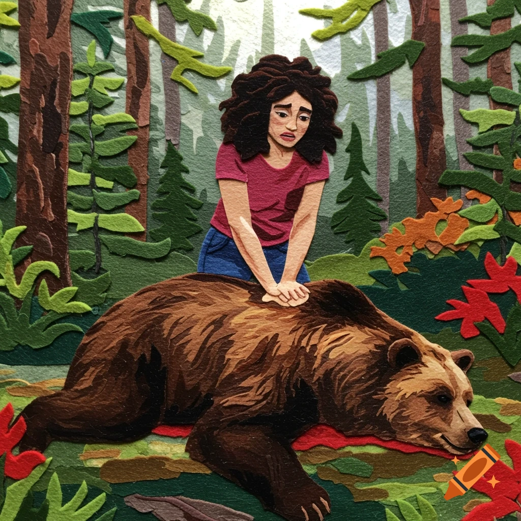 Felt collage of a woman giving CPR to a brown bear in a forest