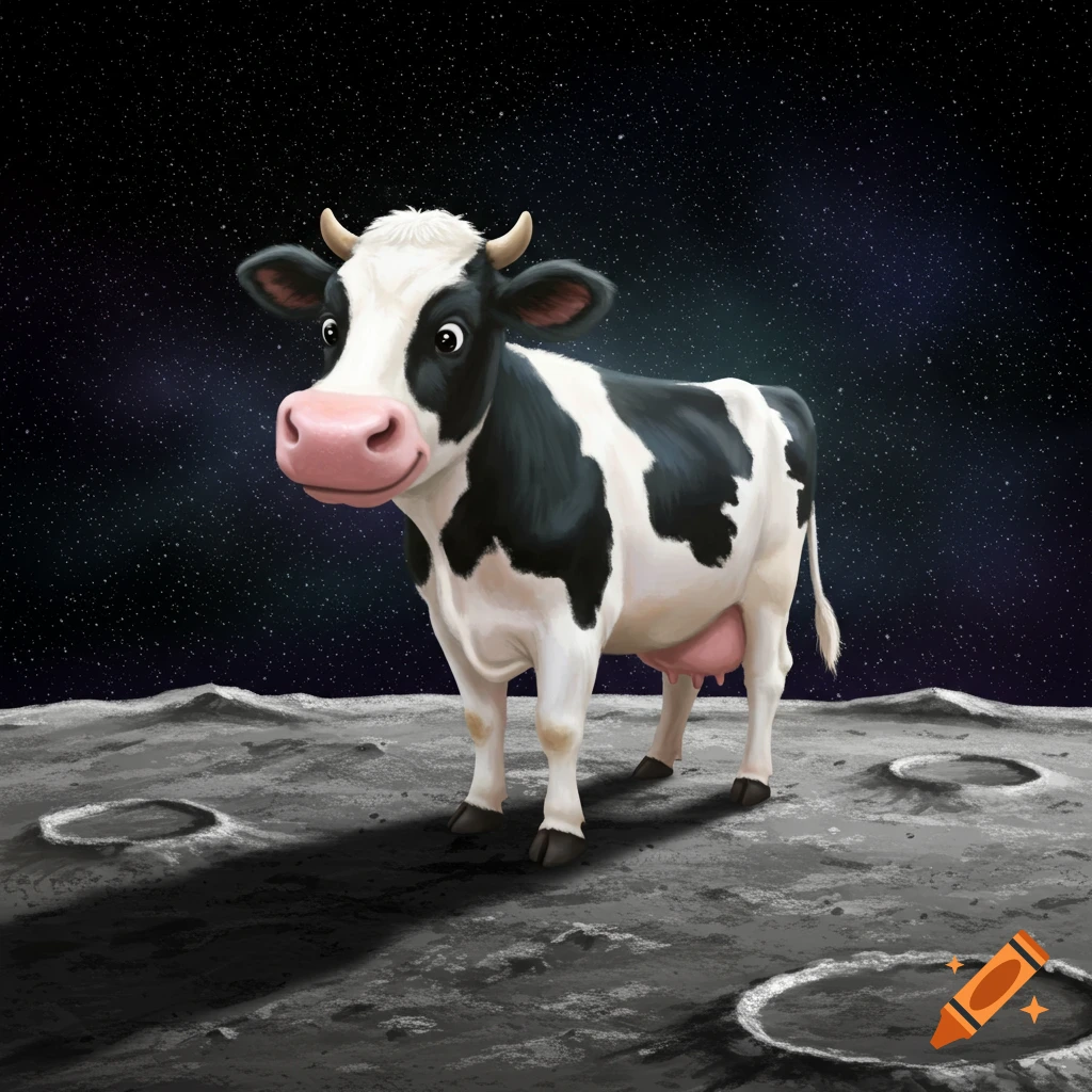 A cartoon cow stands on the moon under a starry sky.