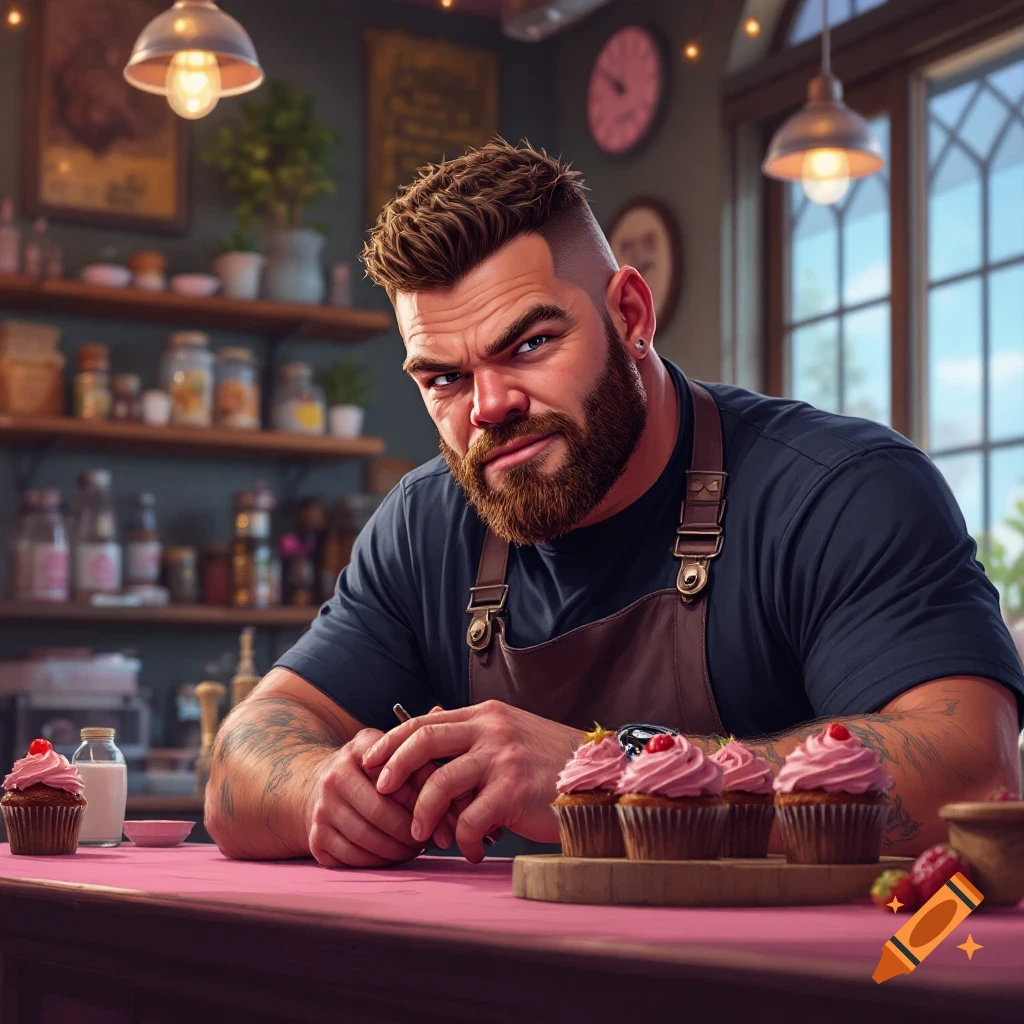 A muscular bearded man in an apron is behind a counter with cupcakes in a bakery.