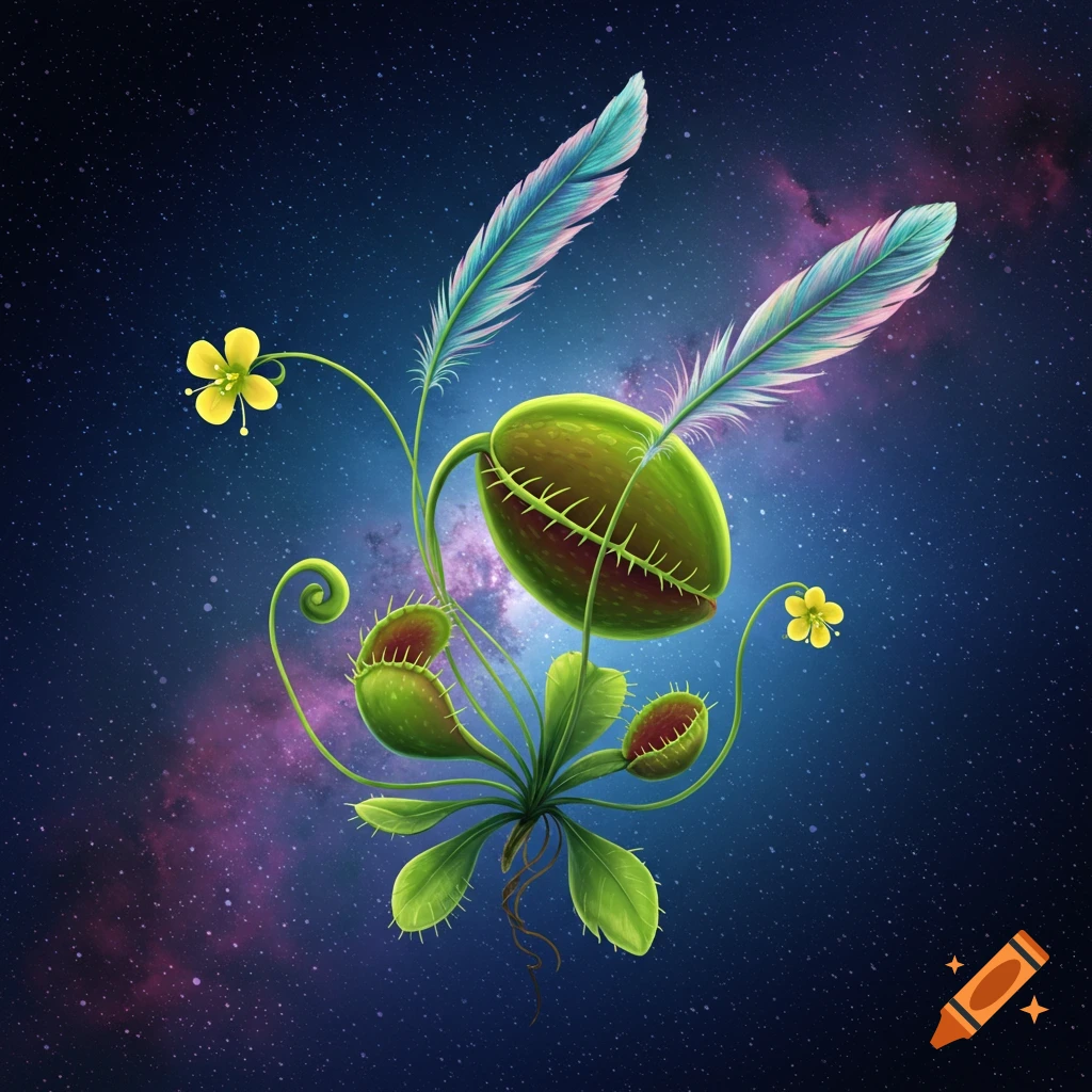 A stylized carnivorous plant with feathers floating in space.