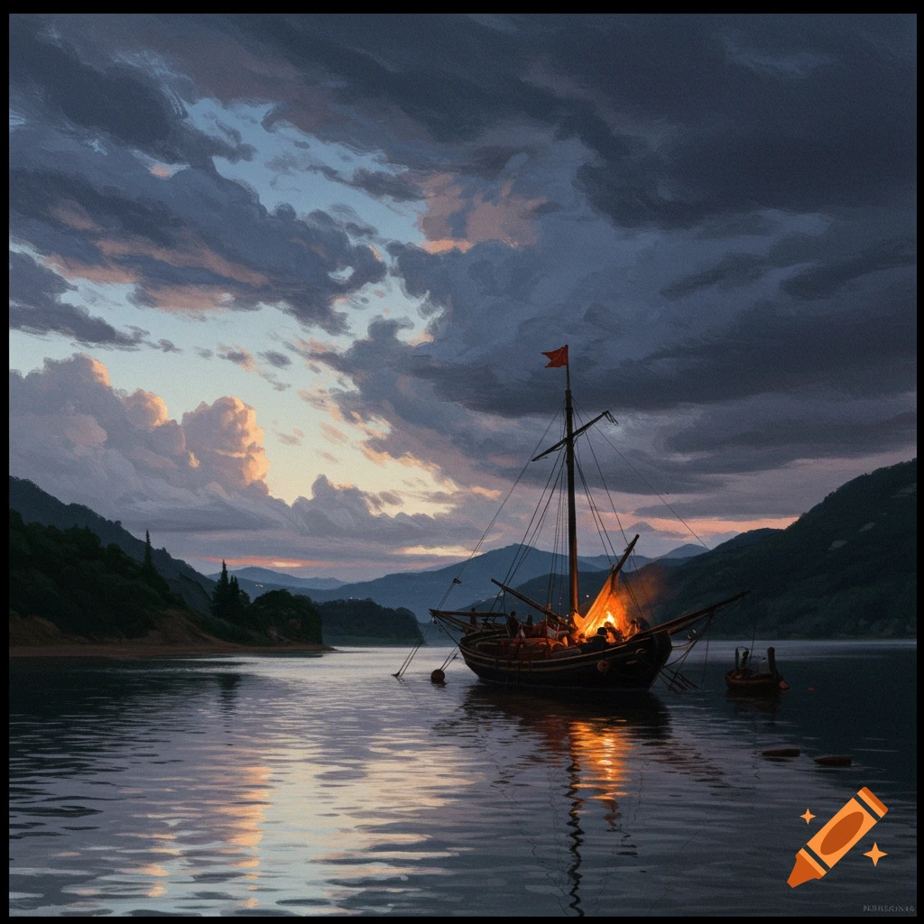A boat with people and a fire on the water at sunset.