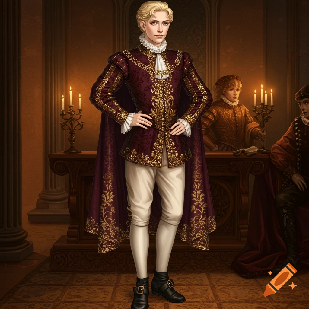 An anime boy in renaissance clothing standing in a dimly lit room