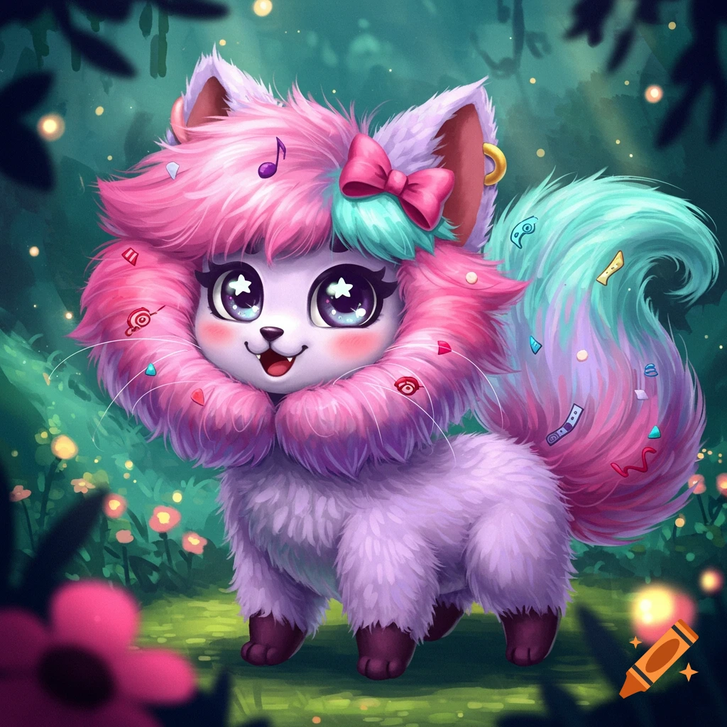 A cute fluffy pink and purple furry cat with big eyes in a fantasy forest.