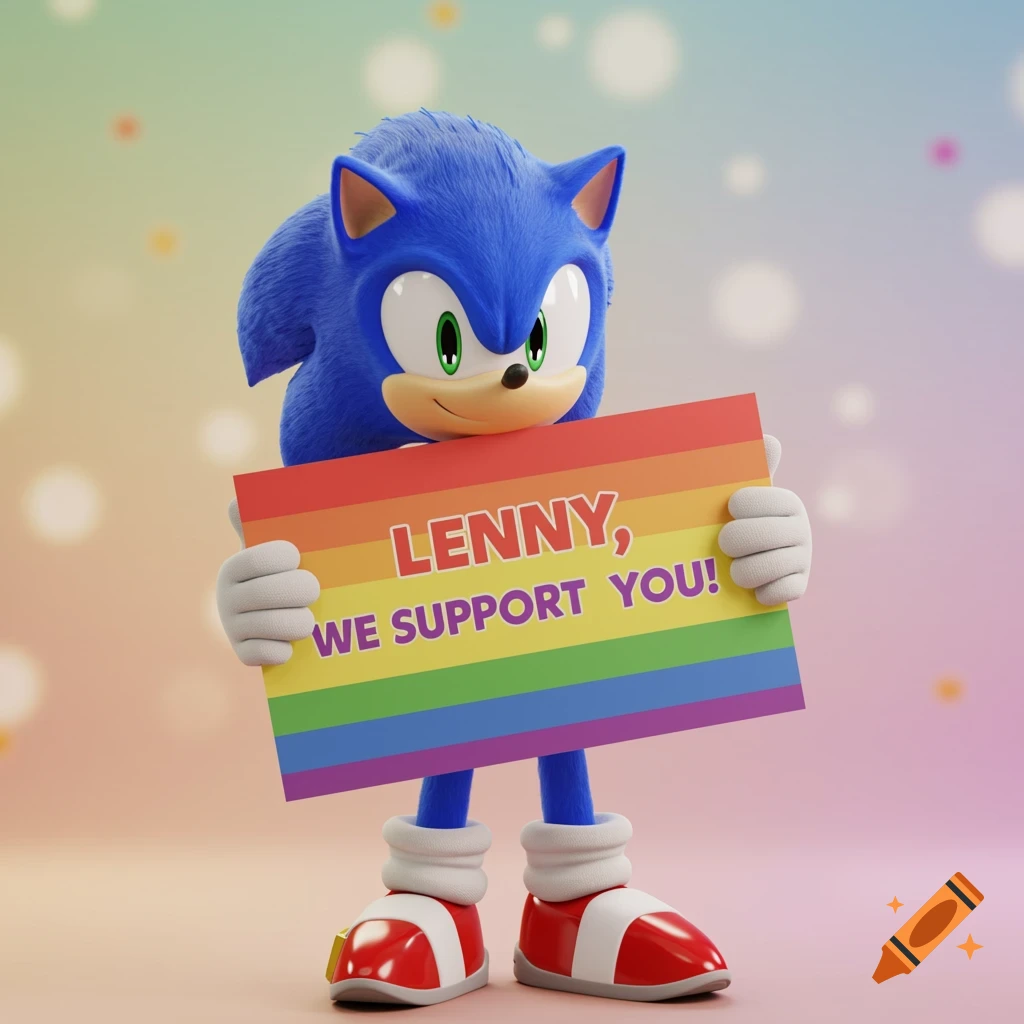 Sonic the Hedgehog holds a rainbow sign that says 'Lenny, We Support You!'