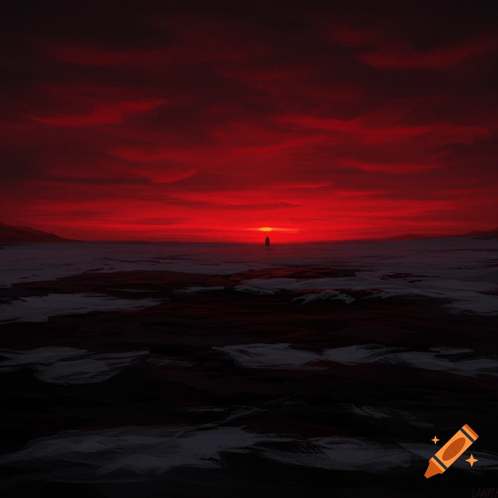A lone figure stands on a dark, icy plain under a dramatic red twilight sky.