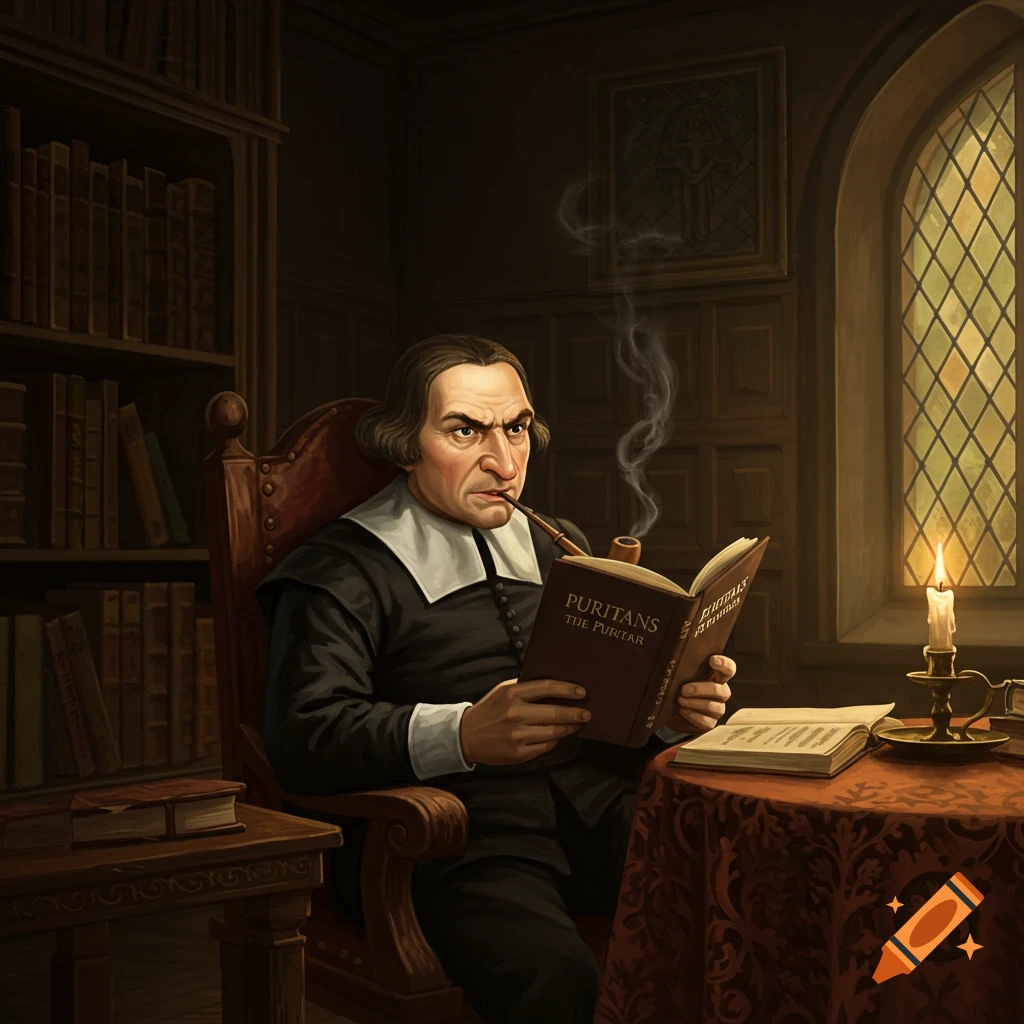 An angry Puritan man reads a book and smokes a pipe in a study.
