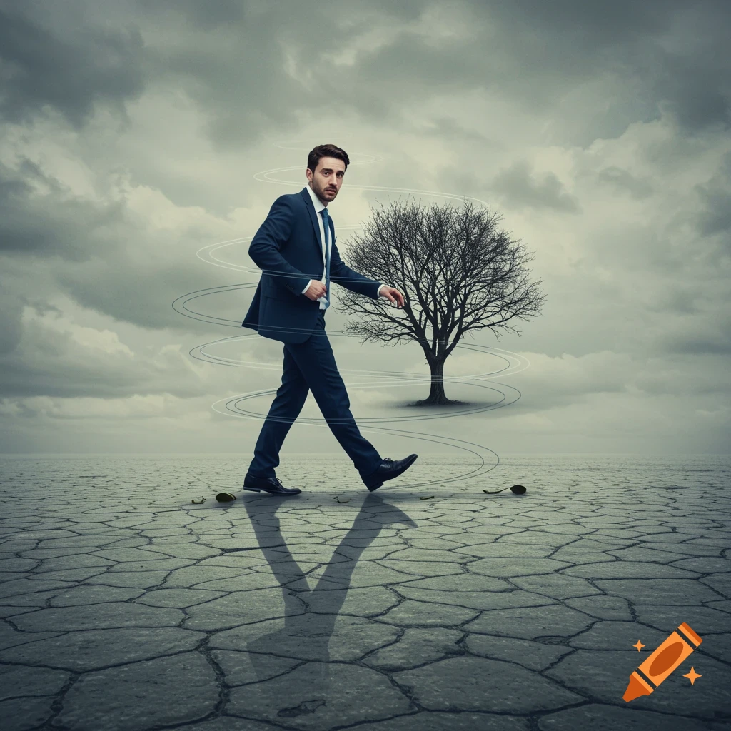 A man in a suit walks in a desolate landscape under a cloudy sky, with swirling lines around him and a tree.