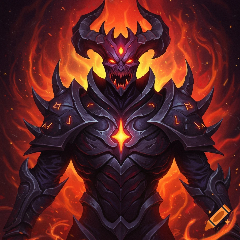 A demonic figure in dark spiked armor with red eyes and horns stands against a fiery background.