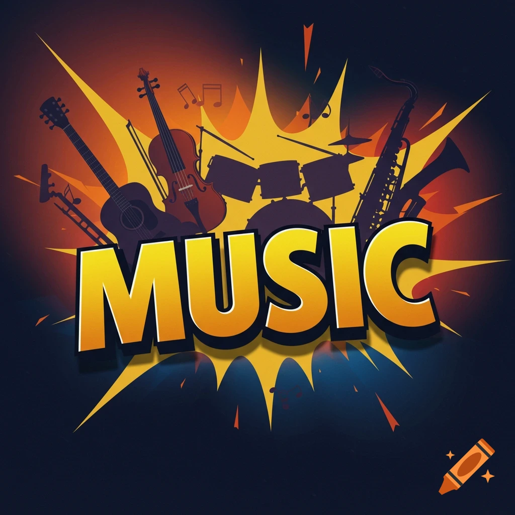 A graphic title card with the word MUSIC in large yellow letters, surrounded by silhouettes of various musical instruments like a guitar, violin, drums, and saxophone, against an orange and blue burst background.