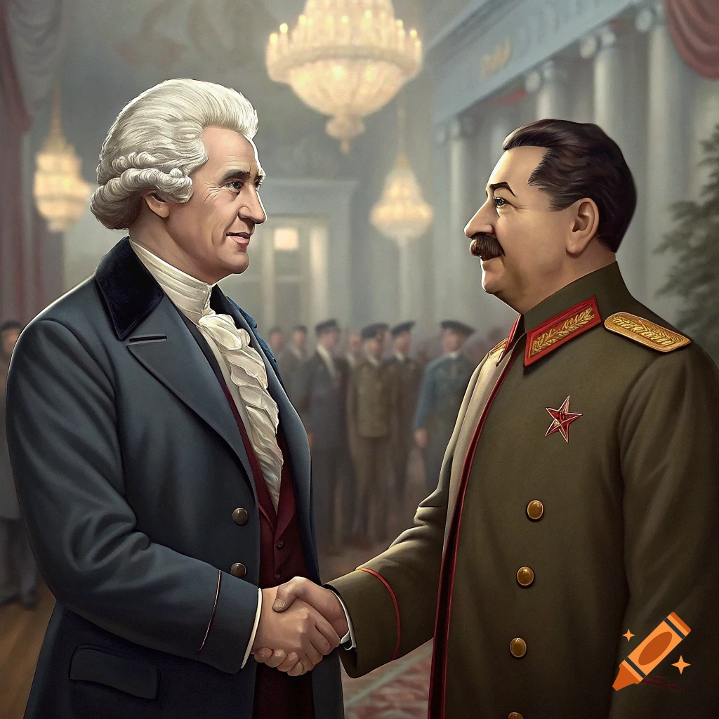Illustration of George Washington shaking hands with Joseph Stalin in a formal room