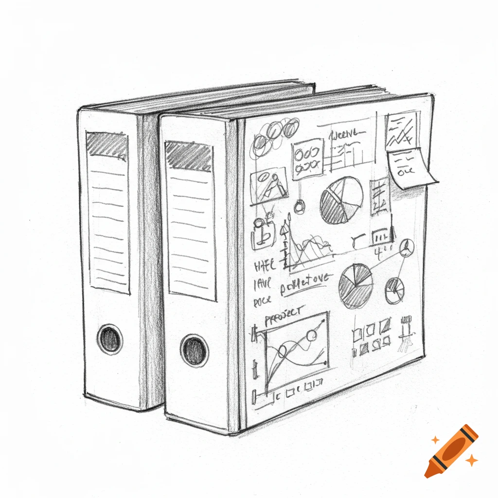 A black and white pencil sketch of two binders covered in diagrams, charts, and text, on a white background.