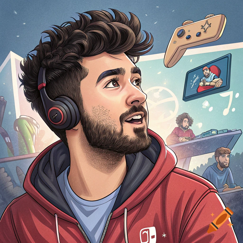 Stylized illustration of a man with headphones and beard, gaming setup in background.