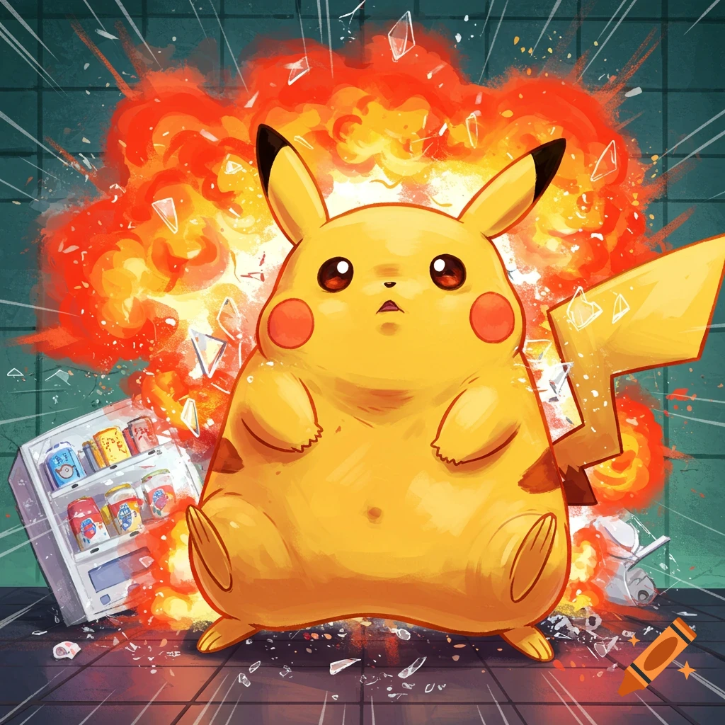 A fat Pikachu stands before an explosion behind a damaged vending machine with debris.