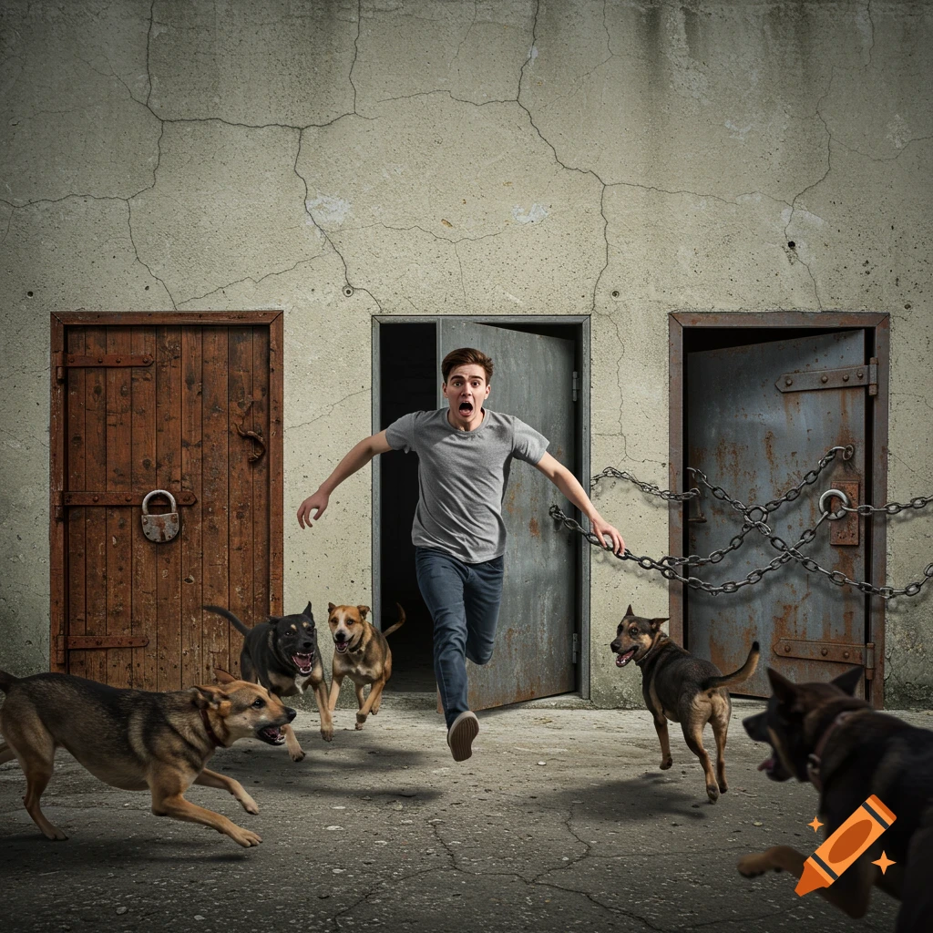 A terrified man runs from aggressive dogs towards three doors, one open.