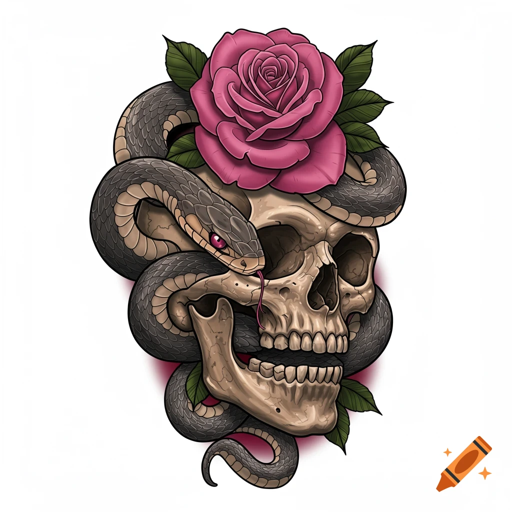 A skull wrapped by a snake with a pink rose on top, in a tattoo style.