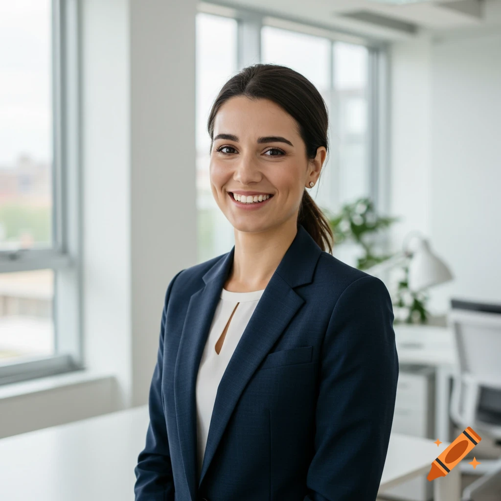 A smiling businesswoman in a suit stands in an office.