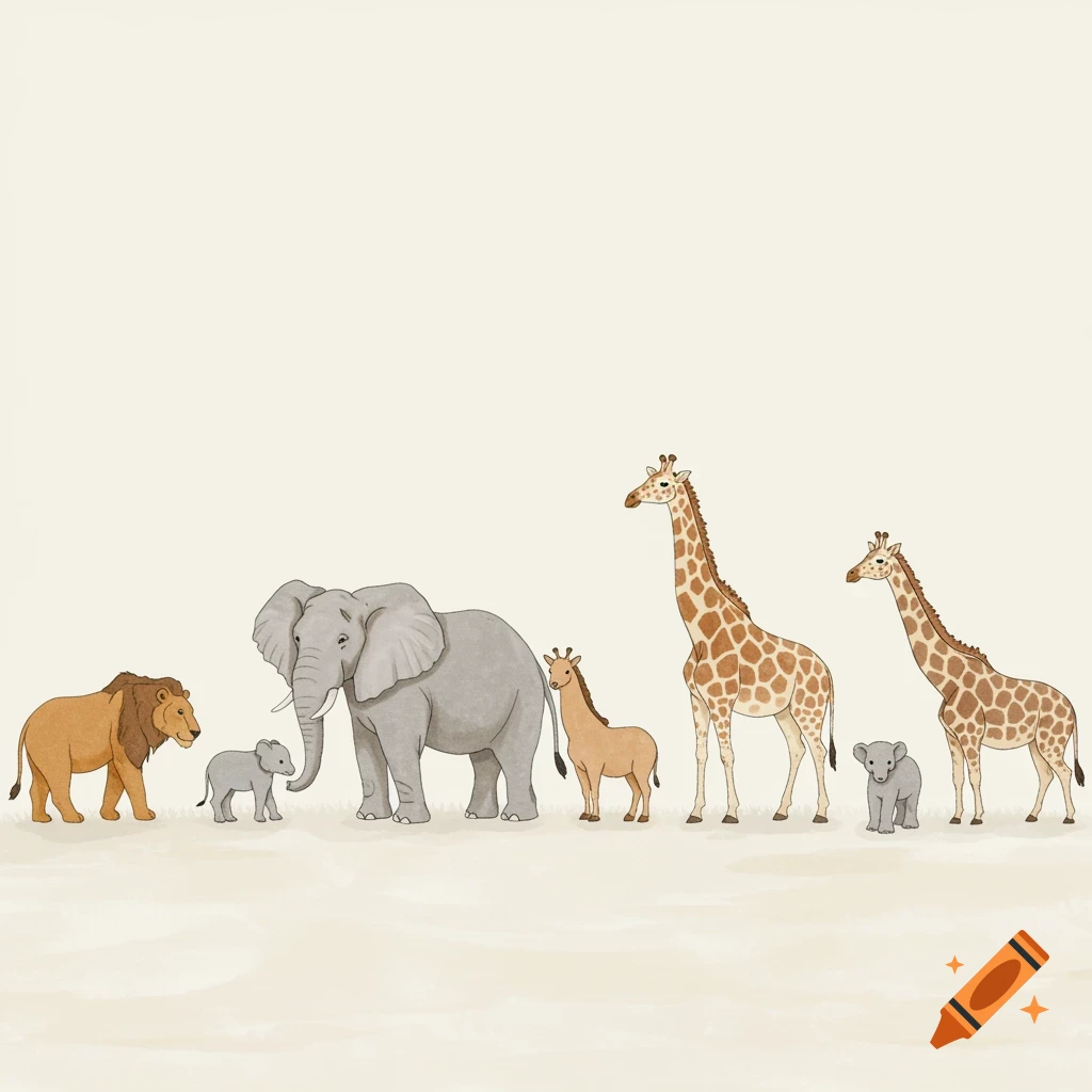 Illustration of a line of diverse safari animals, including lion, elephants, and giraffes, in soft colors.