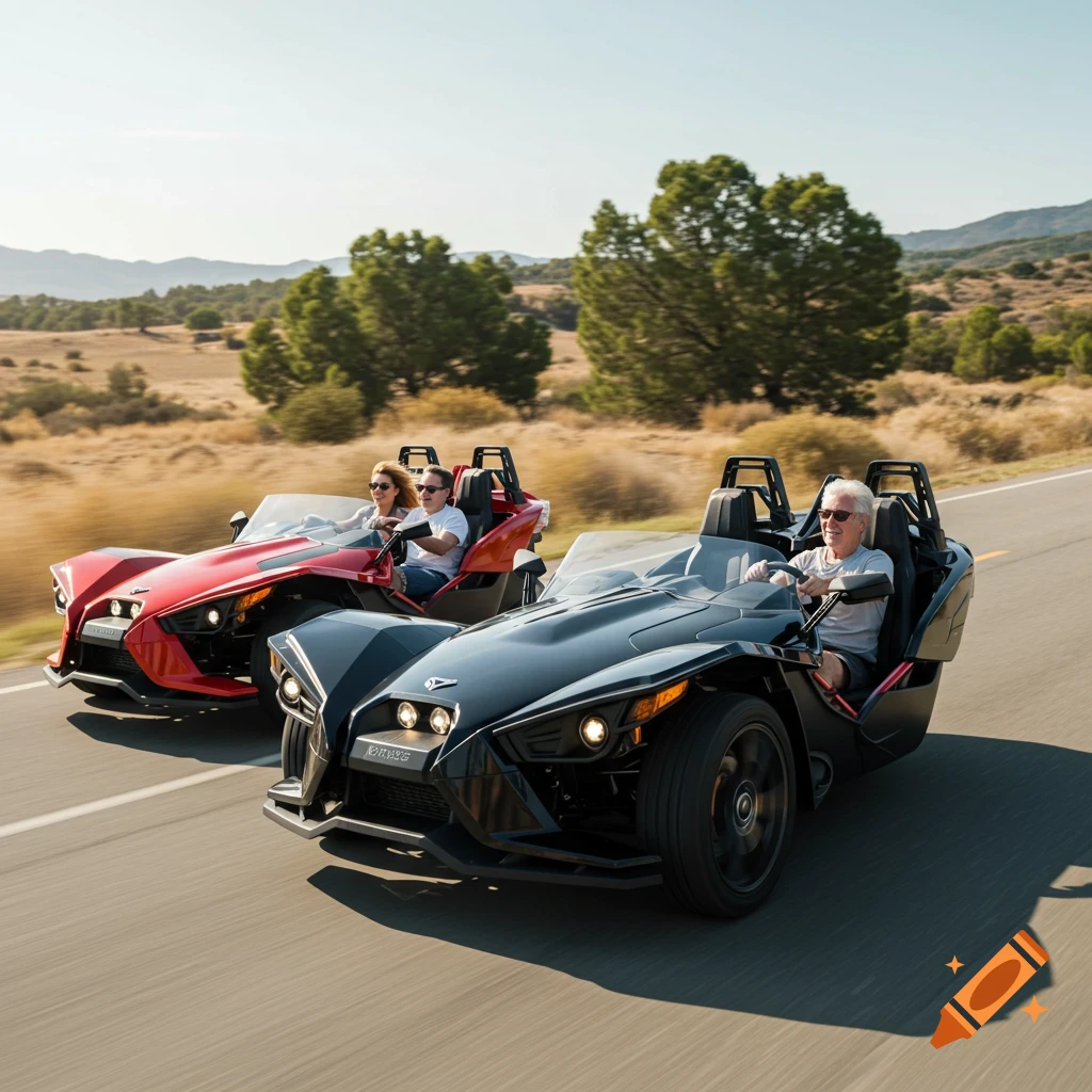 Two people drive three-wheeled vehicles on a highway in a rural area on a sunny day.