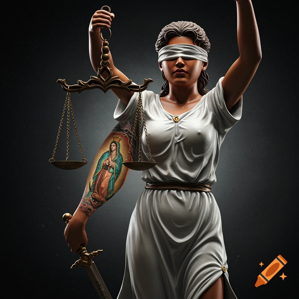Blindfolded Lady Justice statue holding scales and sword, with a Virgin of Guadalupe tattoo on her arm.