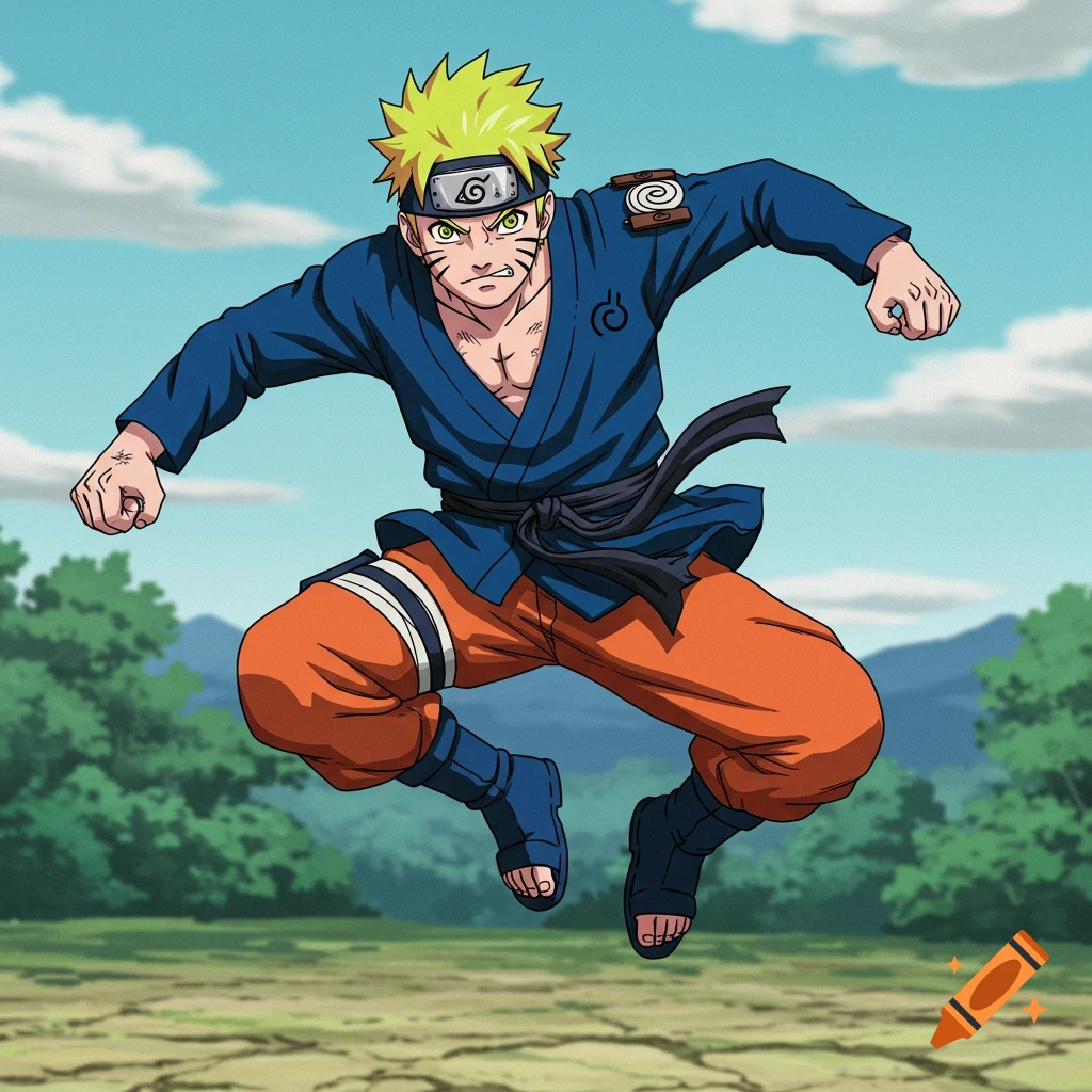 Naruto character wearing a blue gi jumps in an anime style.