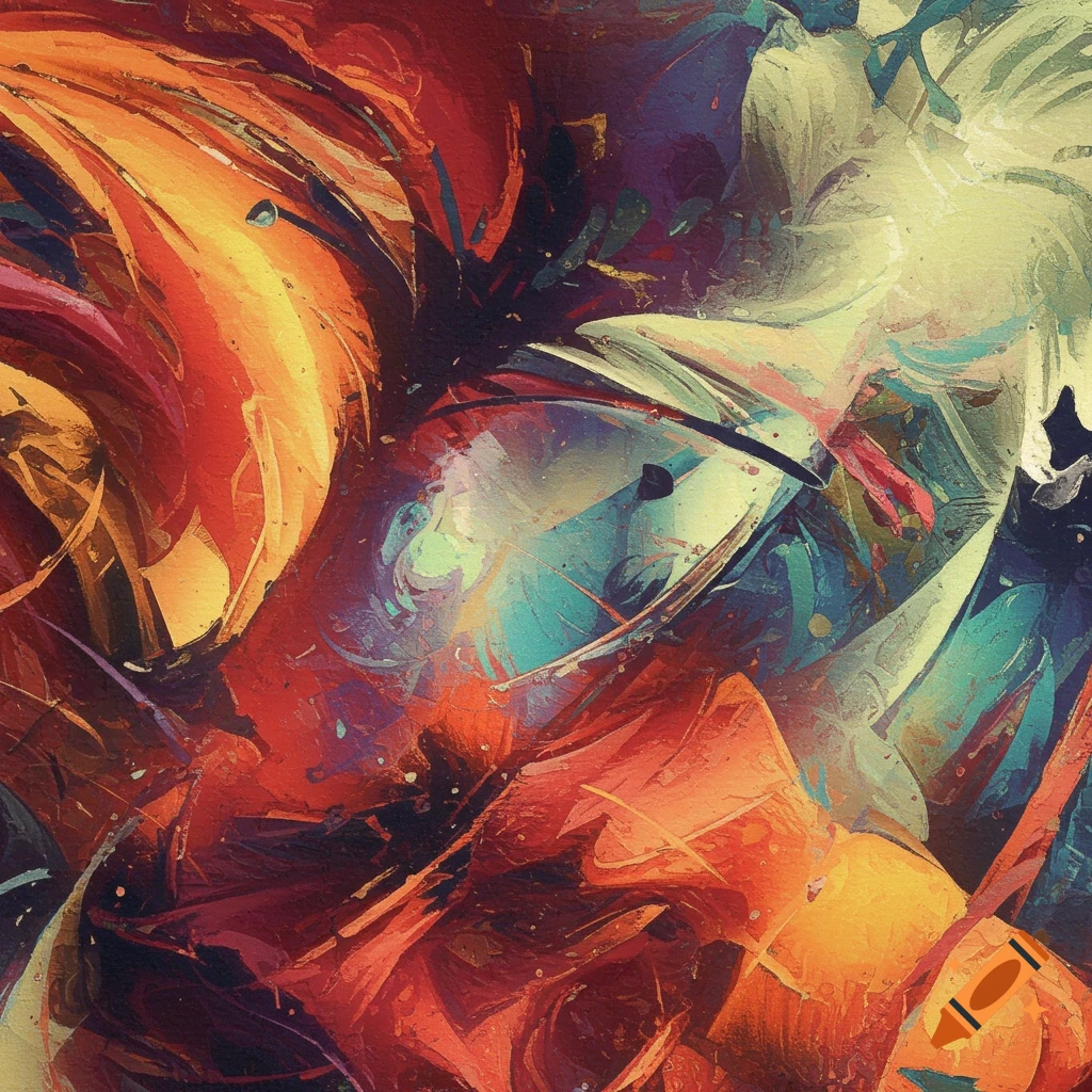 Abstract work in shades of orange, red, blue, and purple.