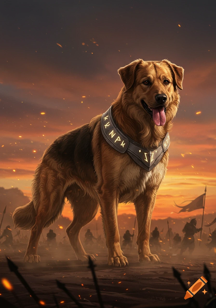 A majestic dog in an armored collar stands on a battlefield at dusk with silhouetted figures.