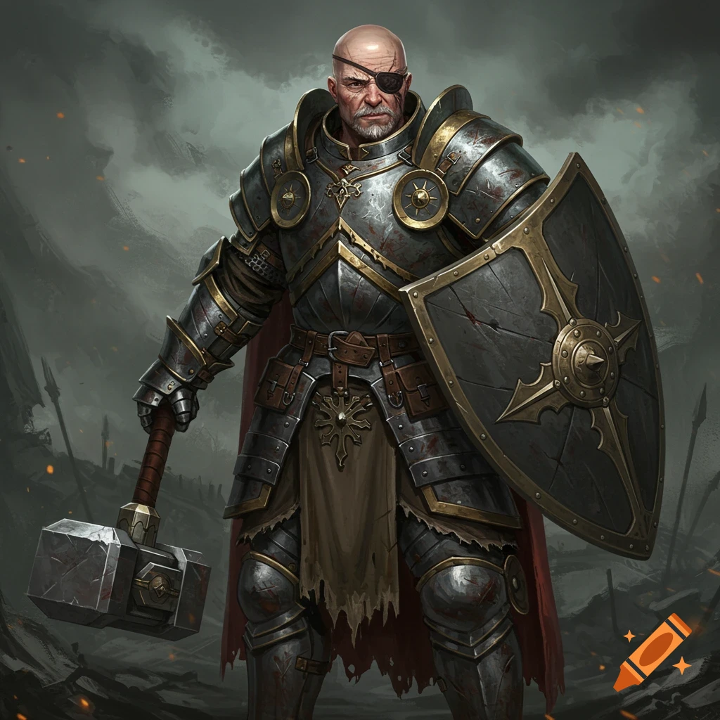 A balding, one-eyed paladin in heavy armor, holding a war hammer and shield in a battleground.