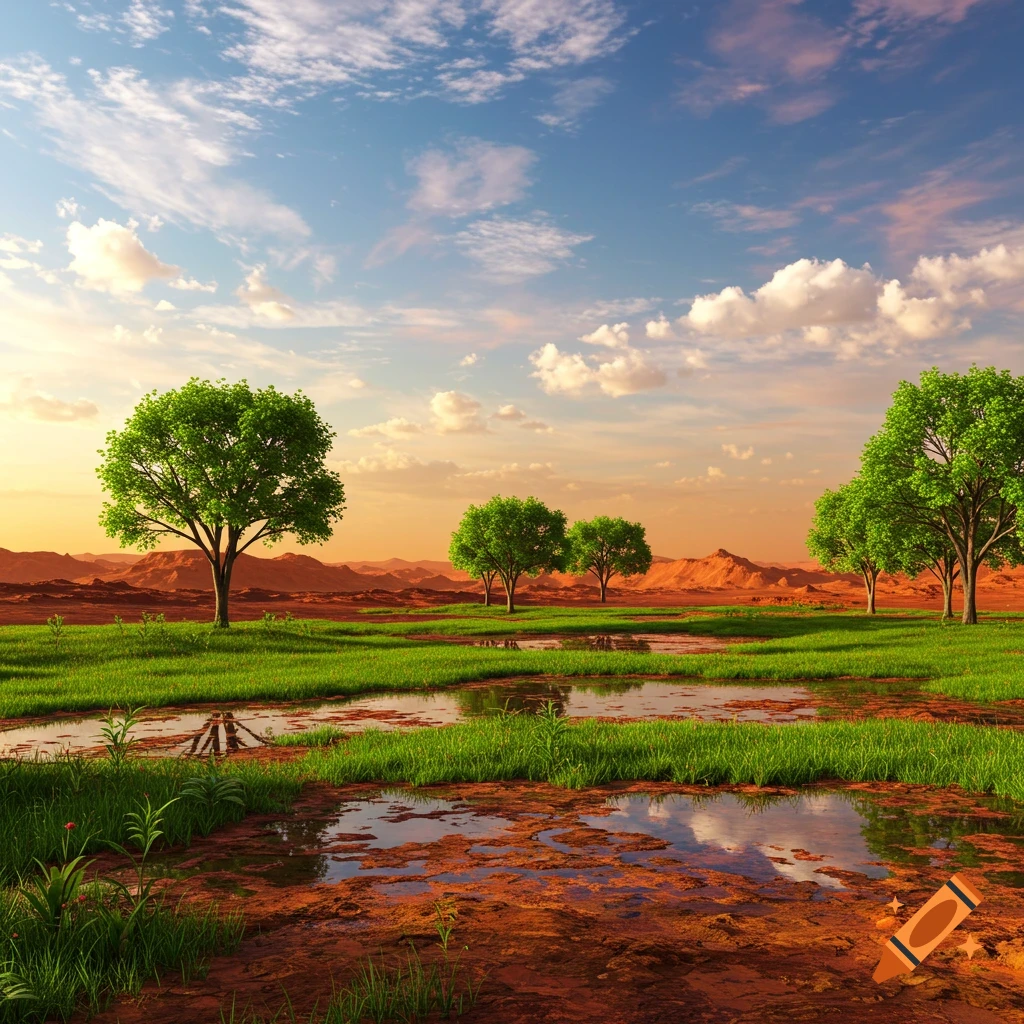 A vibrant image of a lush, green landscape on Mars with trees, pools of water, and red rock mountains under a blue sky.