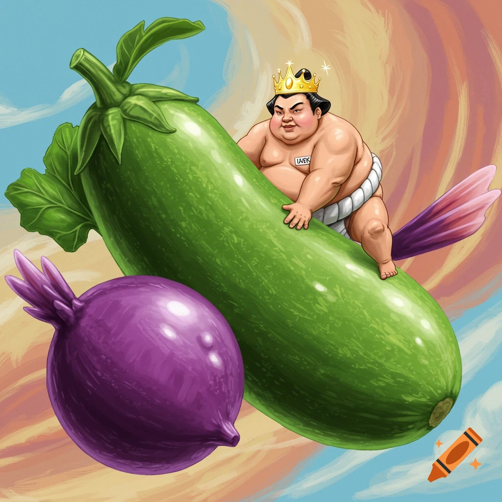A sumo wrestler wearing a crown rides a giant green vegetable through the sky, with a purple vegetable nearby.
