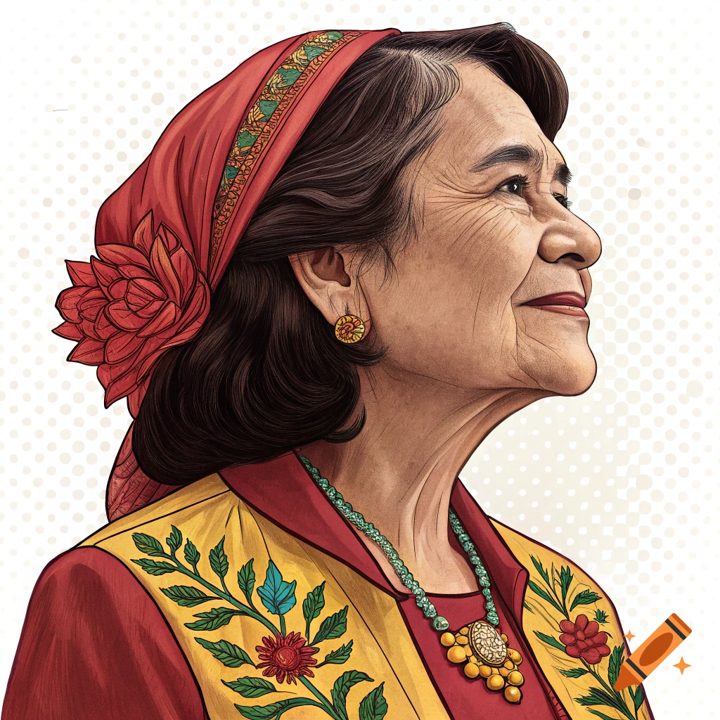 Profile illustration of an older woman in a red headscarf with a flower, a yellow embroidered vest, necklace, and earring.