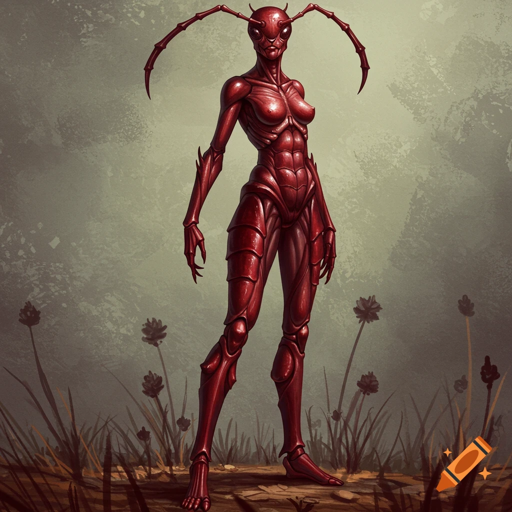 A red ant-like humanoid creature stands in a field.