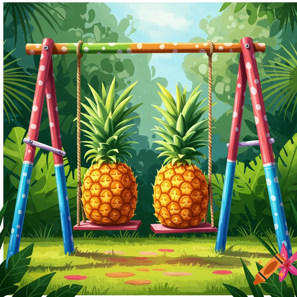 Whimsical image of two pineapples swinging on a colorful polka-dot swing set in a tropical garden.