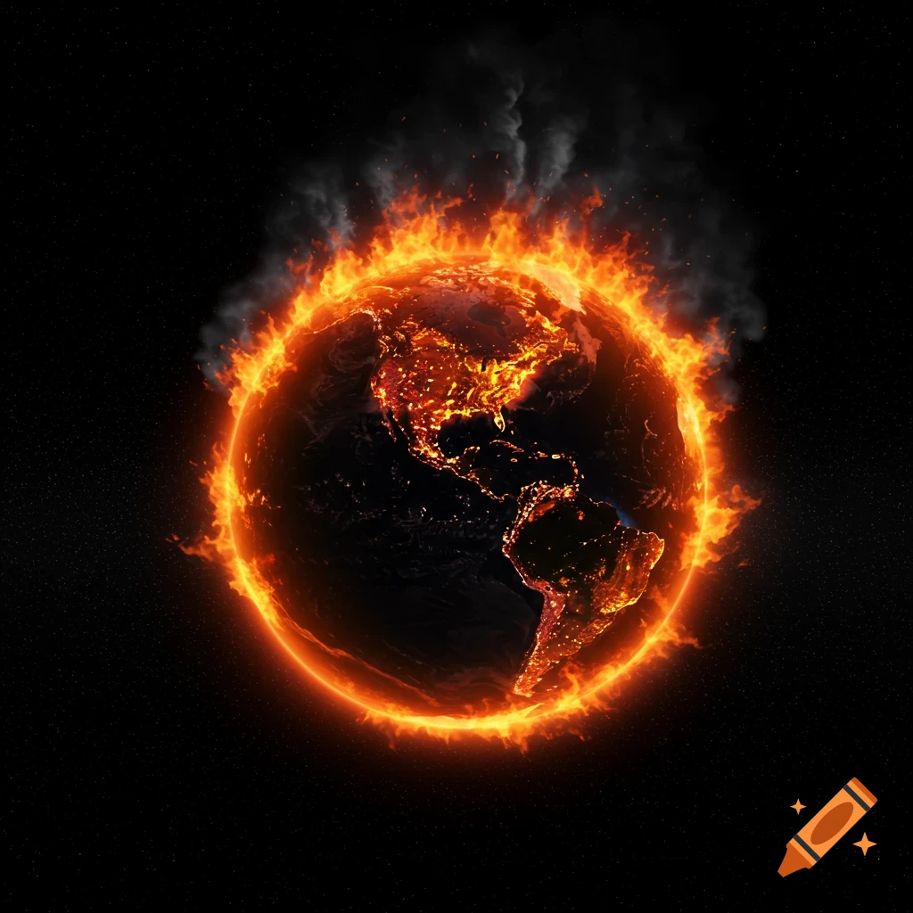 The Earth burning in space, showing North and South America engulfed in flames.