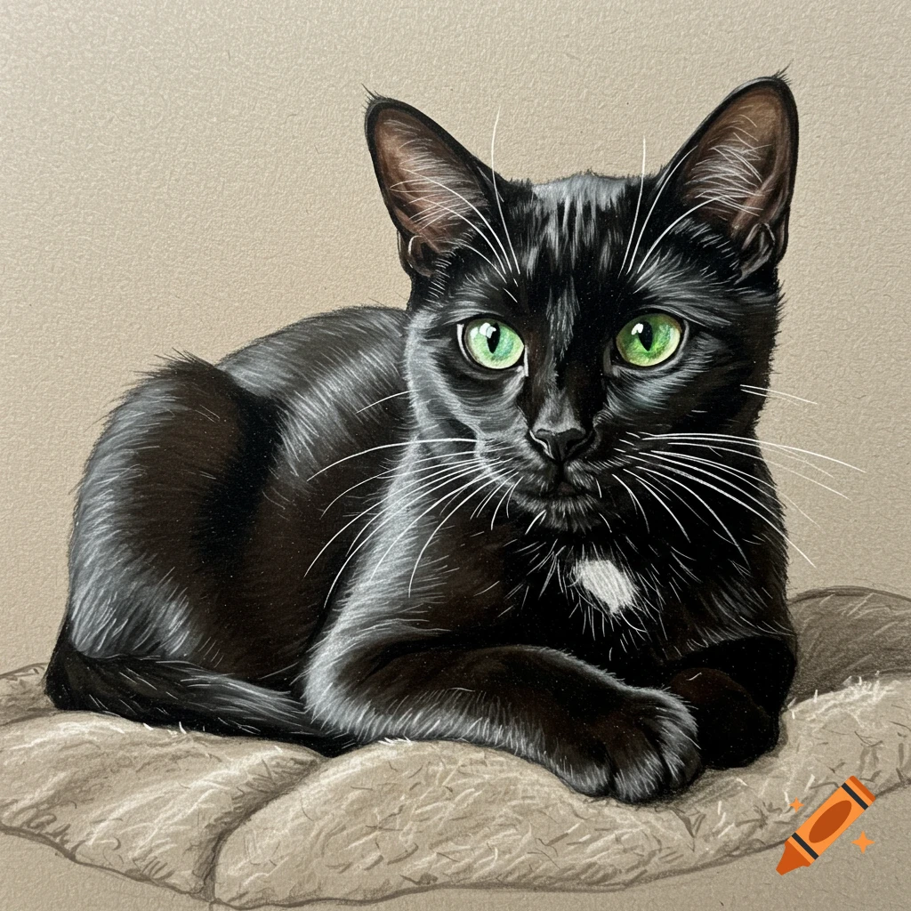 A drawing of a black cat with green eyes lying on a cushion.