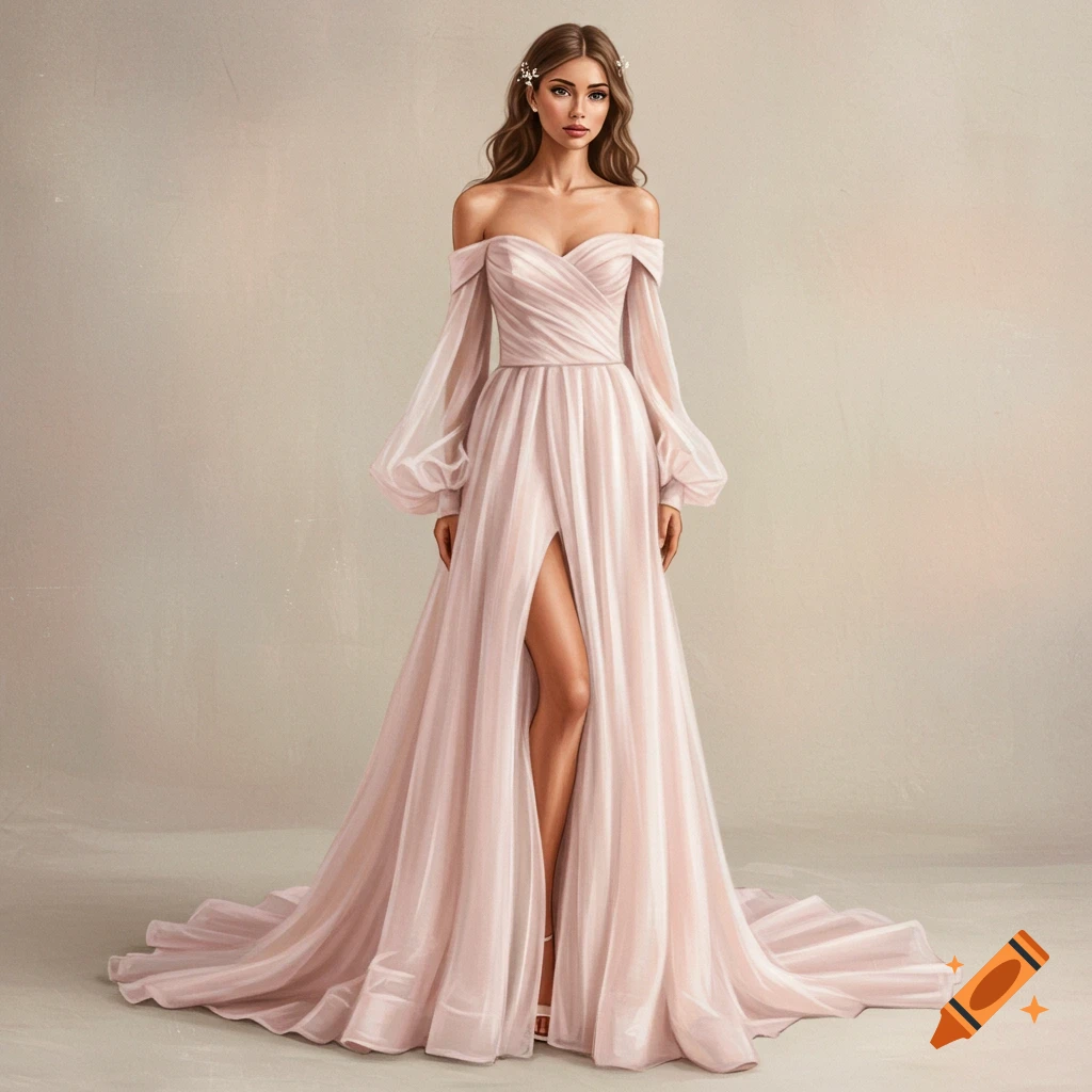 A woman in a light pink off-the-shoulder dress with long sleeves and a high slit.