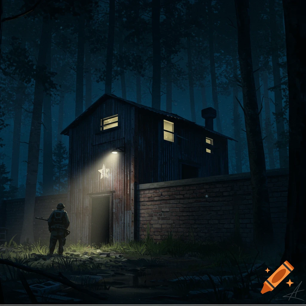A soldier stands outside a dimly lit building in a dark forest at night.