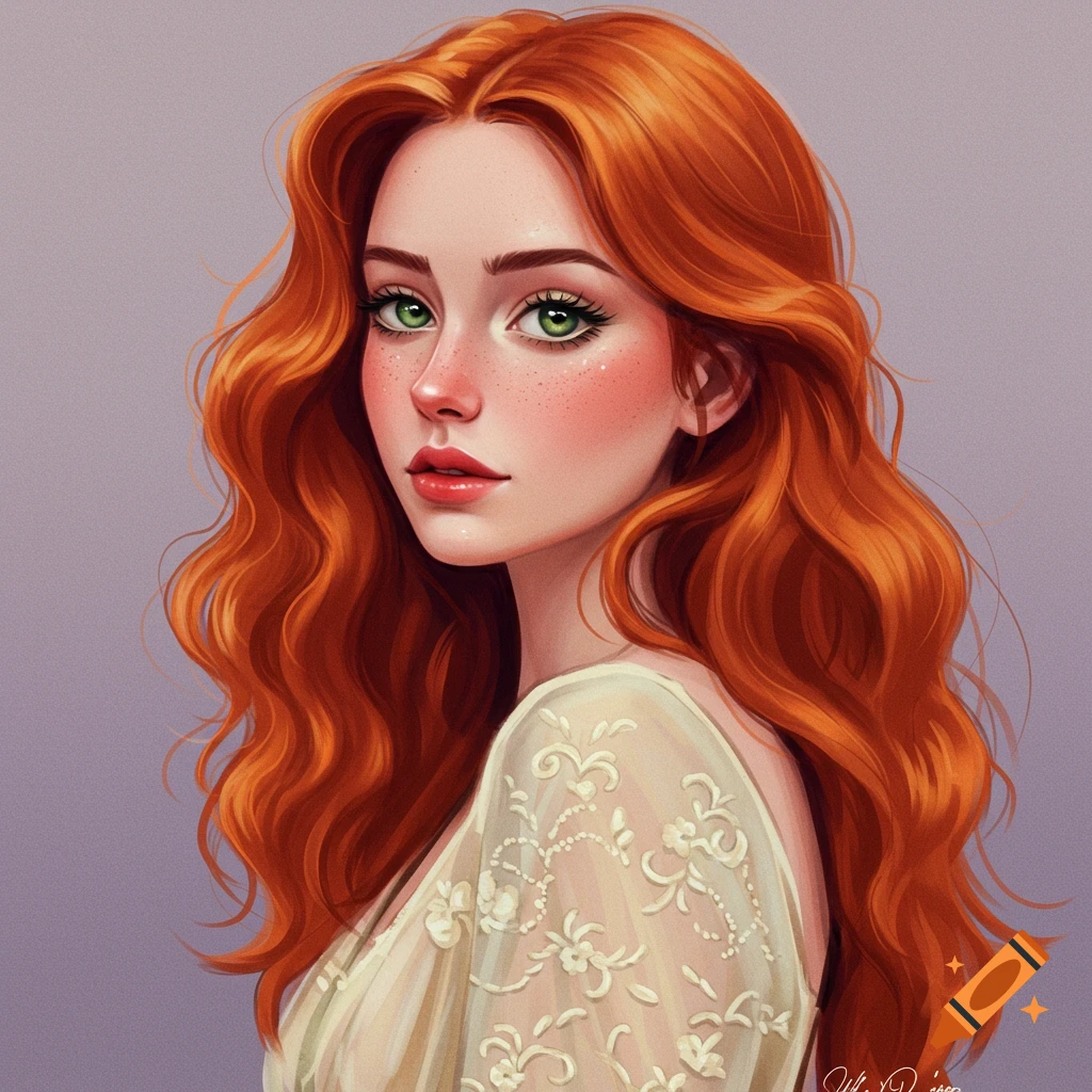 Woman with long wavy red hair, green eyes, and freckles, wearing a white lace dress.