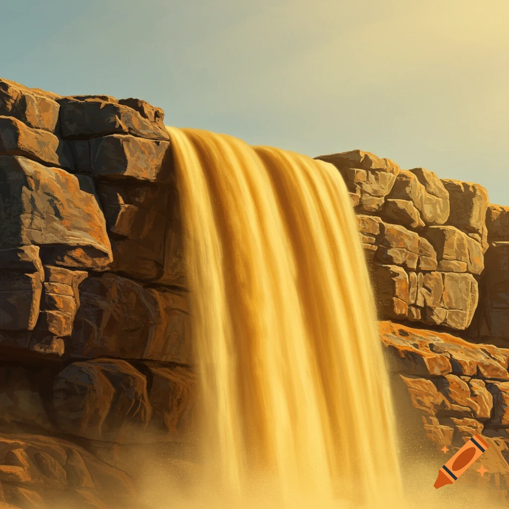 A large sandfall cascades over rocky cliffs under a sunny sky.